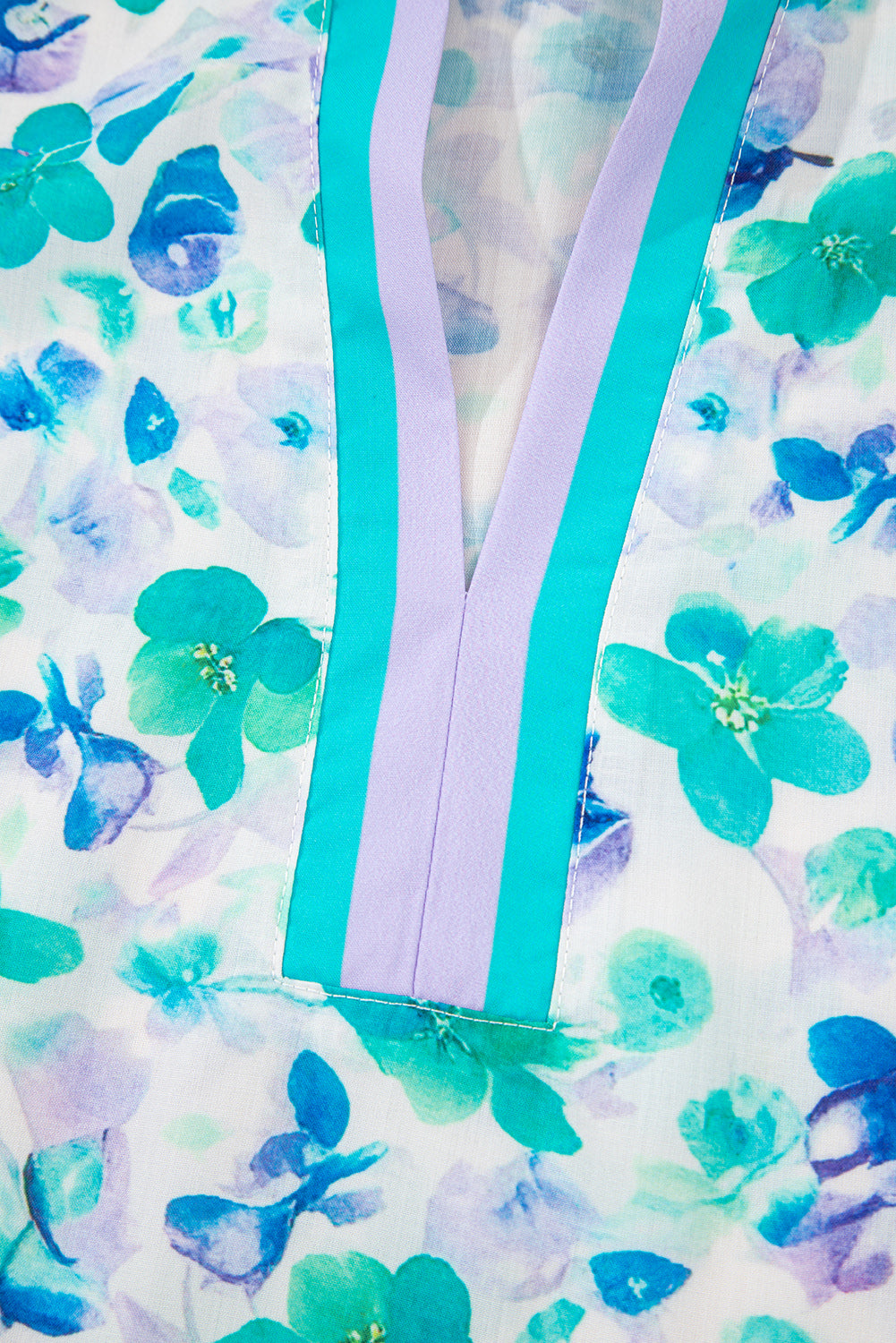 Green Floral Print Striped Trim Split V Neck Puff Short Sleeve Blouse