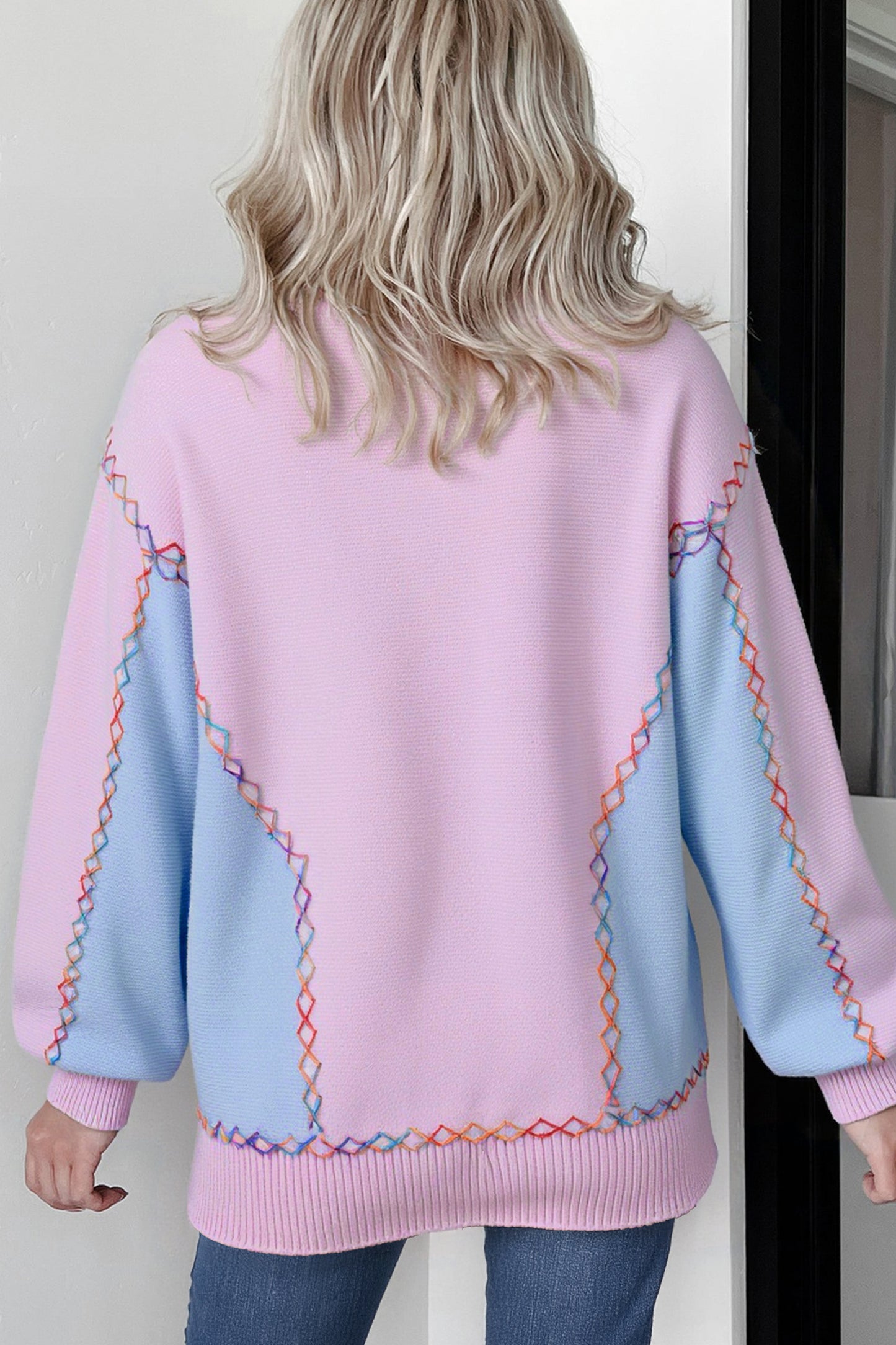 White Rainbow Stitching Balloon Sleeve Relaxed Sweater