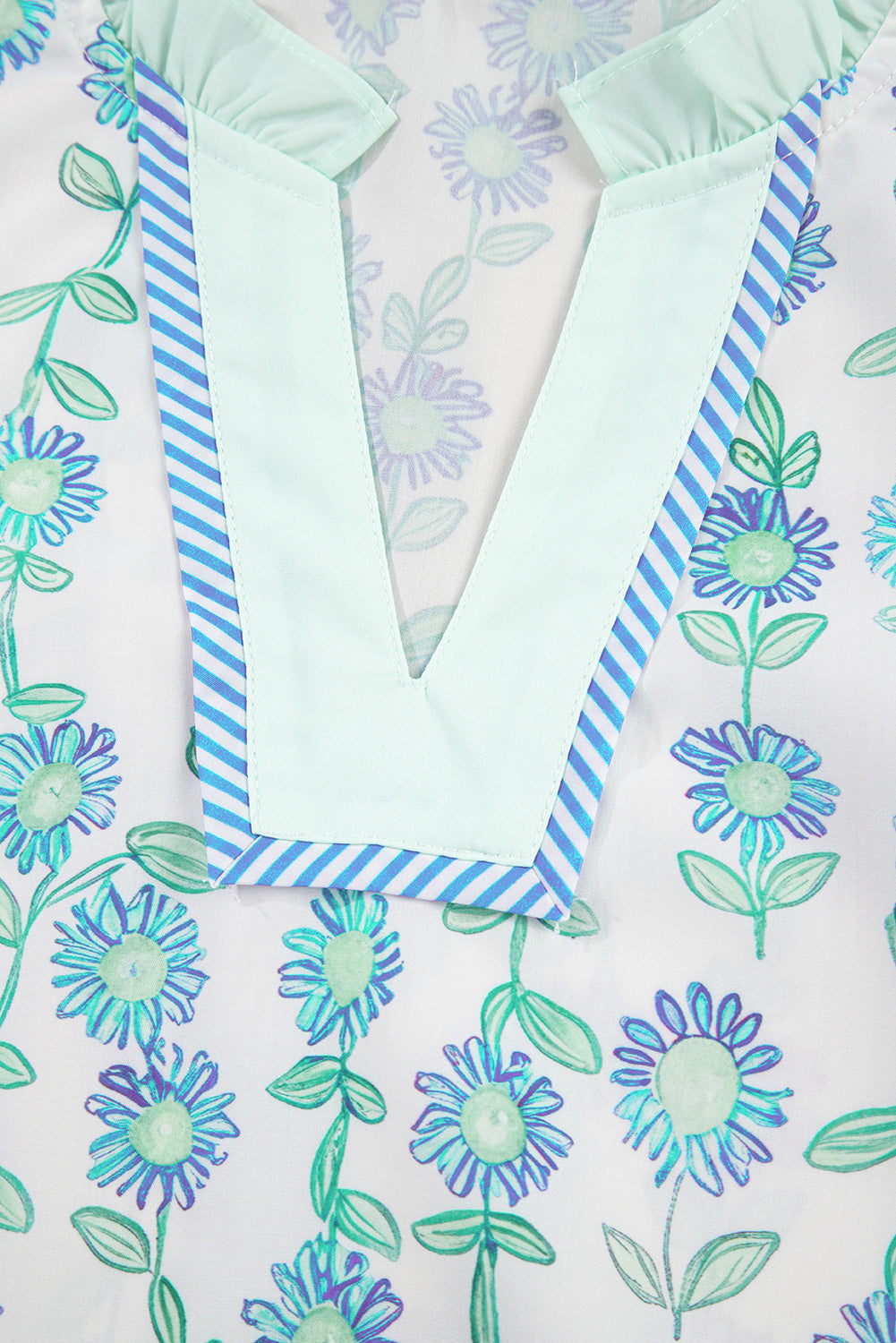 Green Floral Print Striped Detail Contrast V Neck Patchwork Flutter Sleeve Blouse