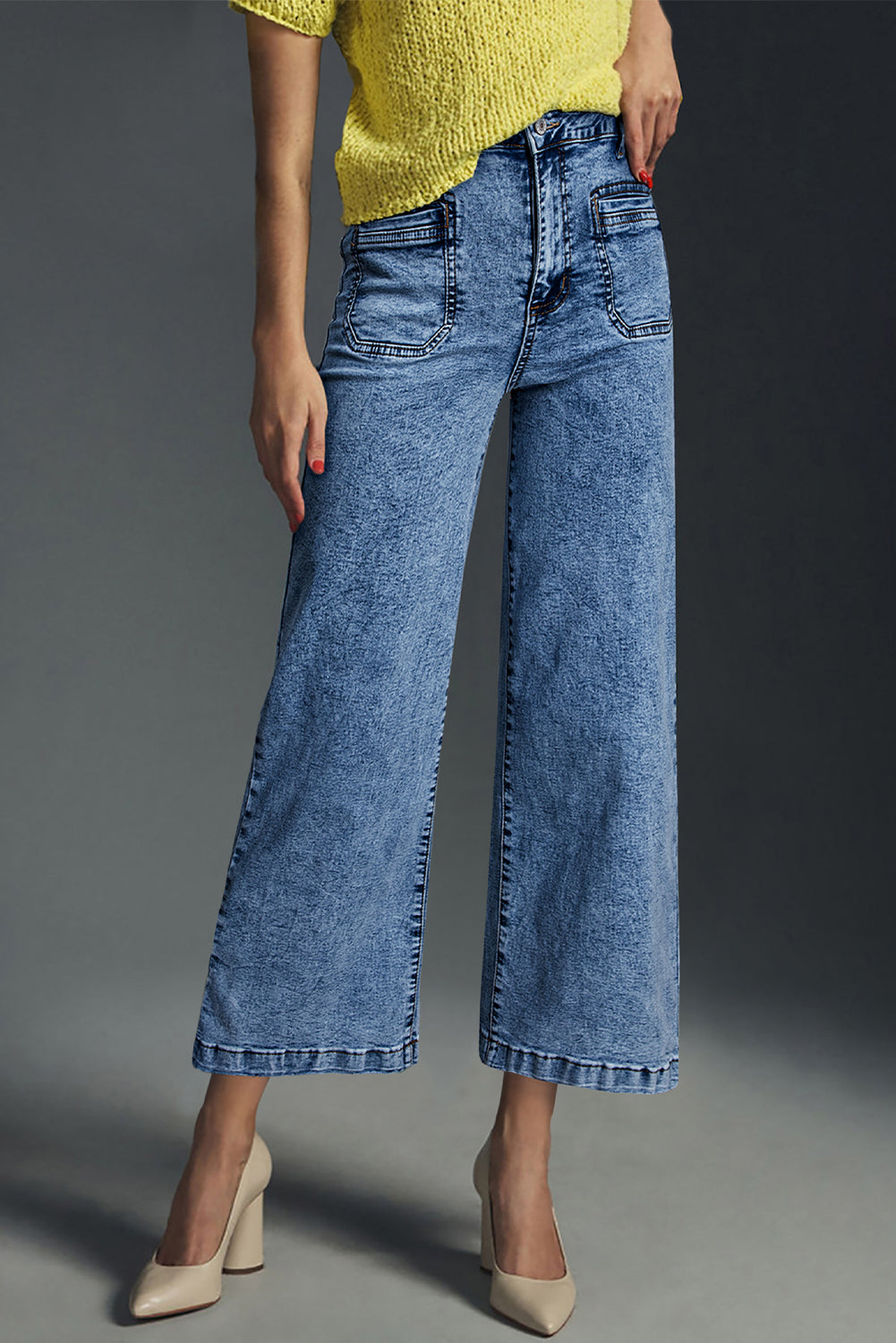 Sky Blue Chic Patch Pocket Straight Leg Loose Jeans
