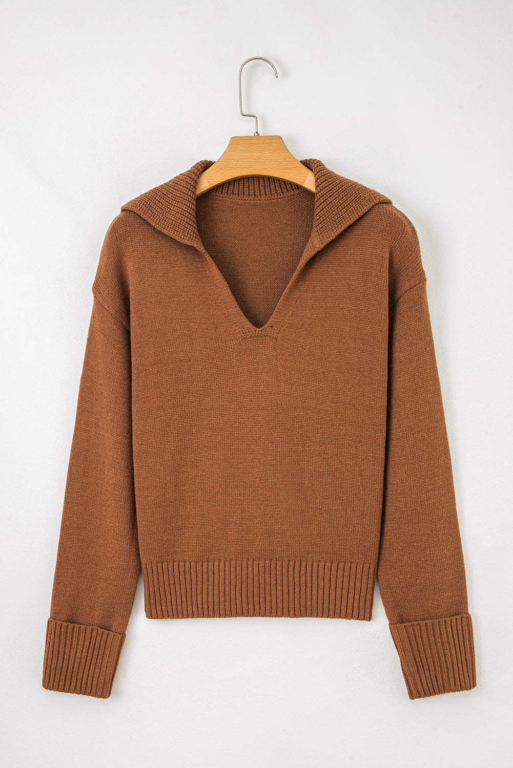 Chestnut Collared V Neck Ribbed Edge Sexy Elegant Sweater