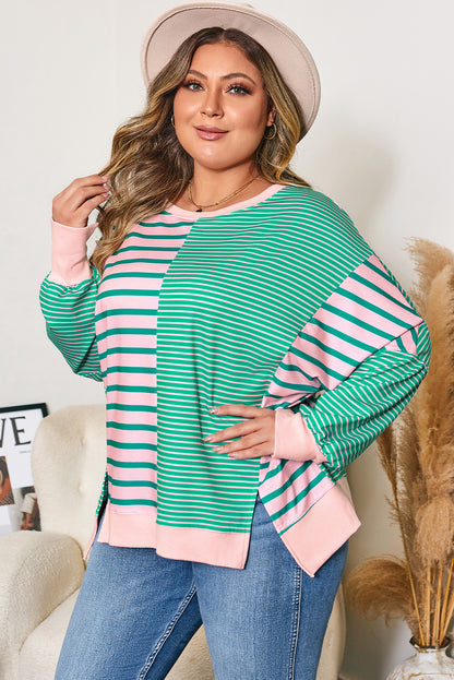 Green Stripe Color Block Exposed Seam Side Slit Plus Size Sweatshirt