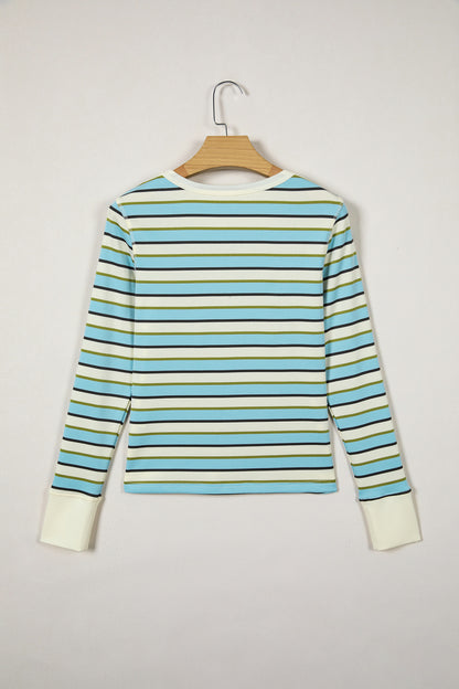 Multicolour Striped Round Neck Ribbed Knit Long Sleeve Top