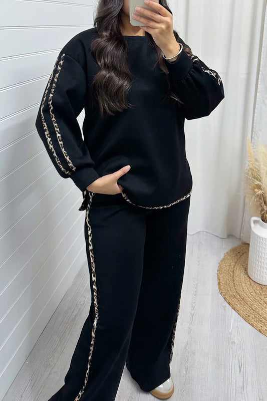 Black Contrast Leopard Trim Casual Sweatshirt Pant Set