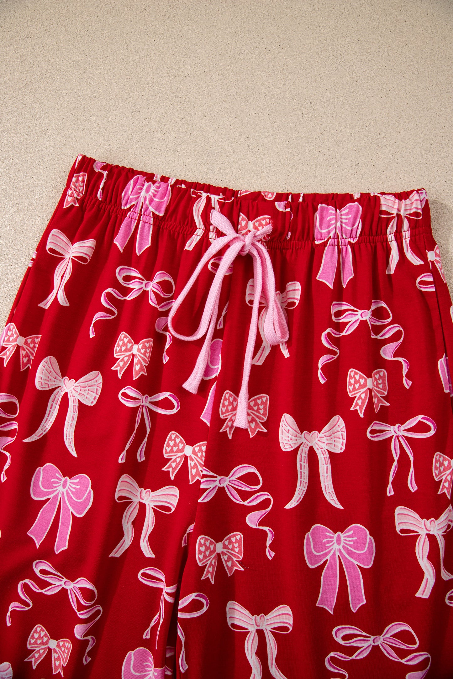 Red Sweet Bow Print Shirt Style Top Long 2pcs Pajama Set