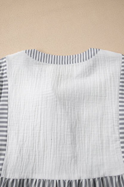 Gray Stripe Half Button Gauze Patchwork Bracelet Sleeve Babydoll Blouse