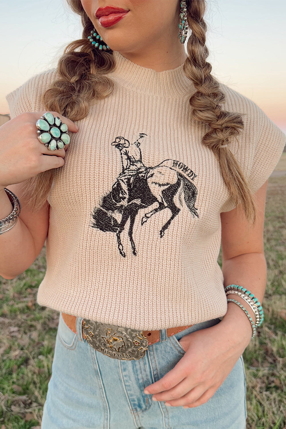 Oatmeal HOWDY Rodeo Cowboy Graphic High Neck Short Sleeve Sweater