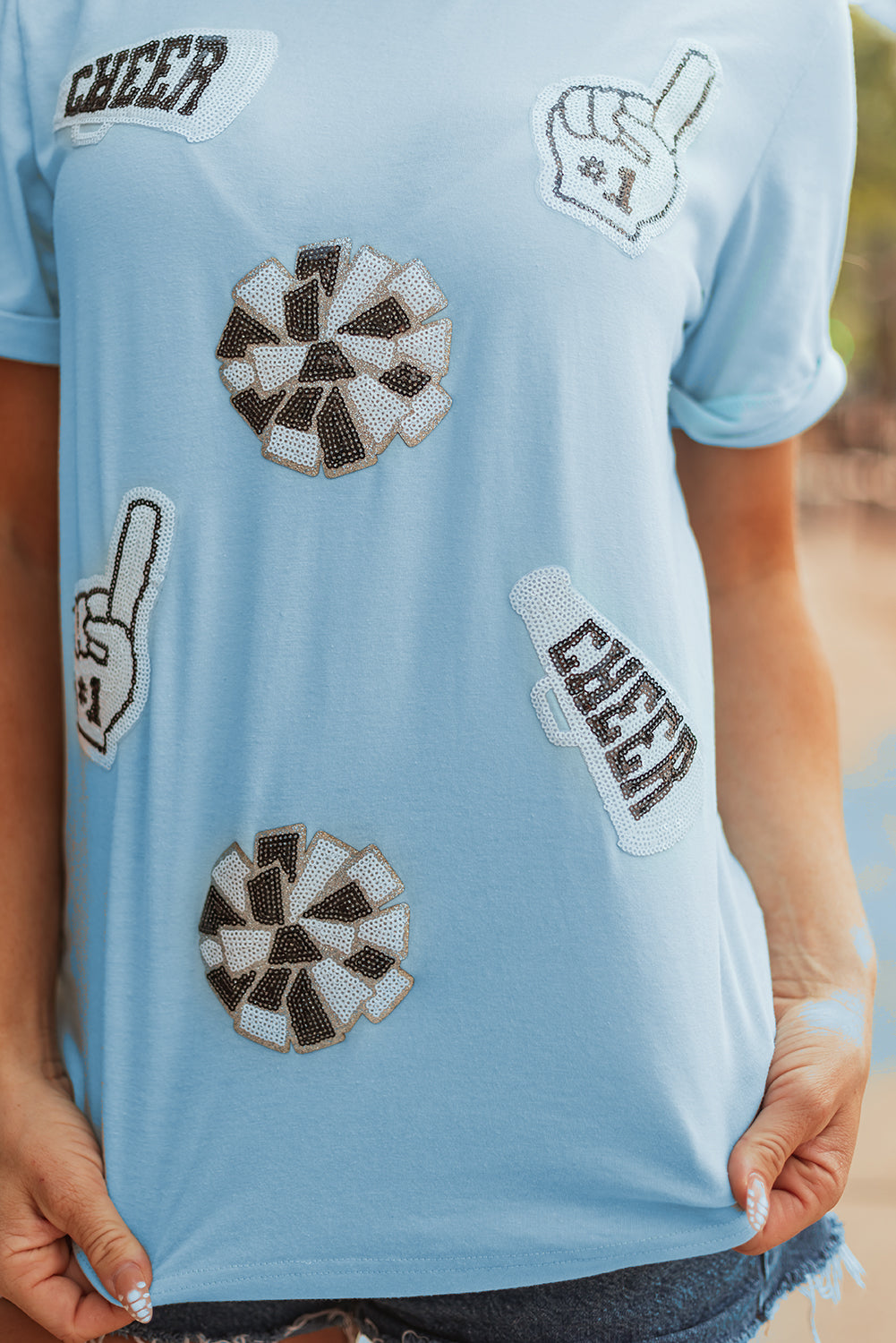 Light Blue Cheer Game Day Element Sequin Patched T Shirt