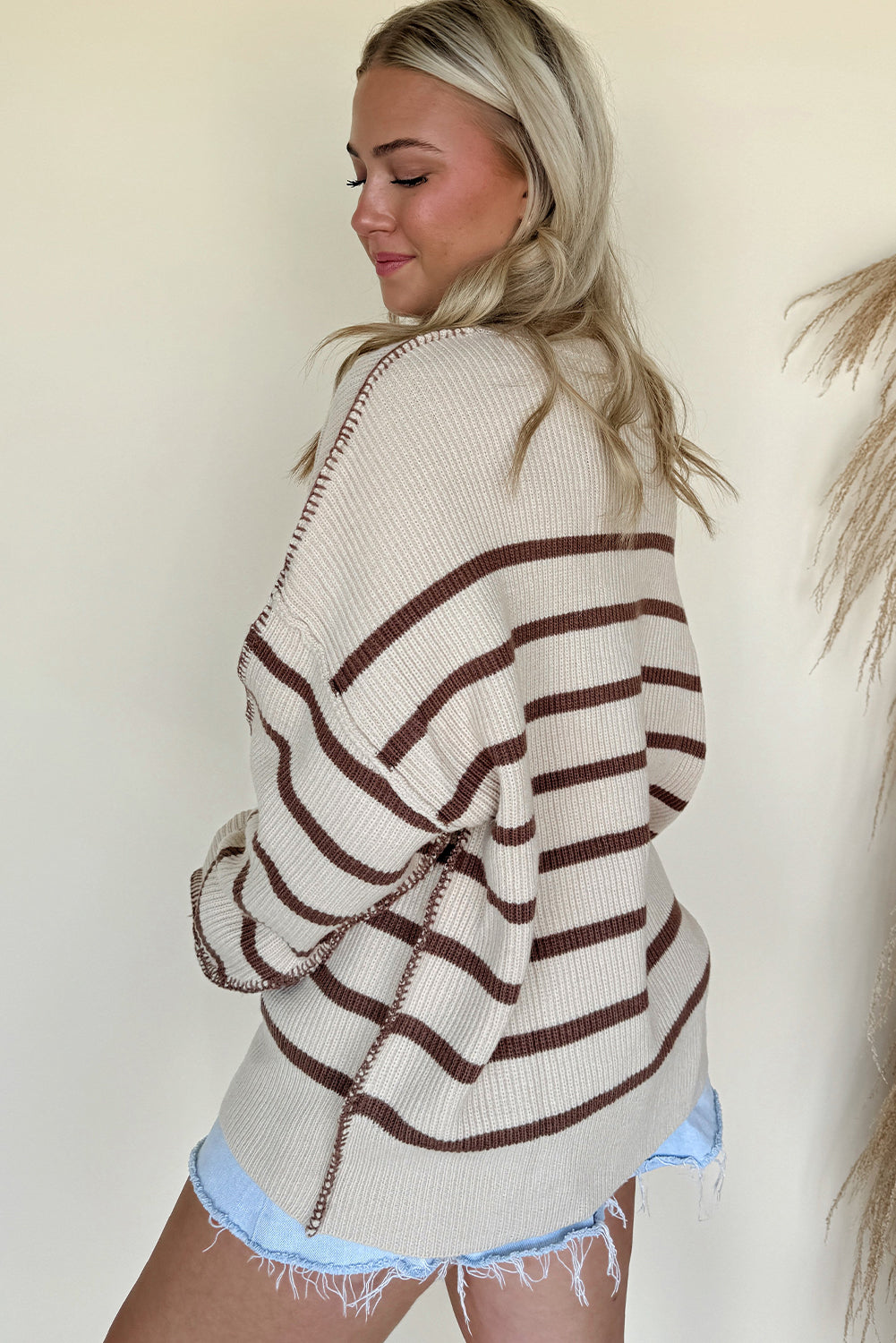 Brown Stripe Ribbed Henley Drop Shoulder Slouchy Sweater