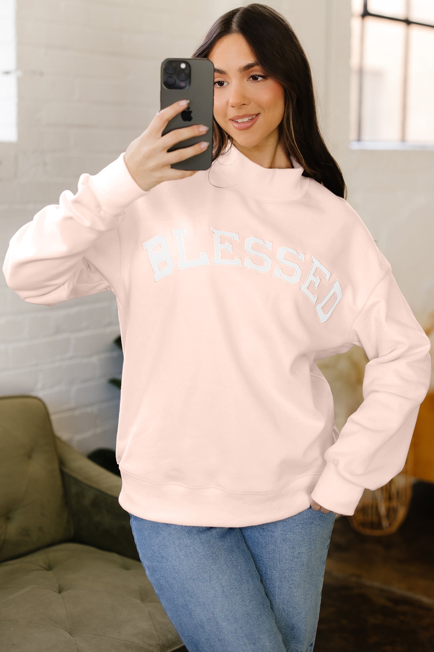 Apricot Pink Oversize Mock Neck Sweatshirt
