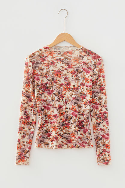 Red Lettuce Trim Floral Print Mesh Long Sleeve Top