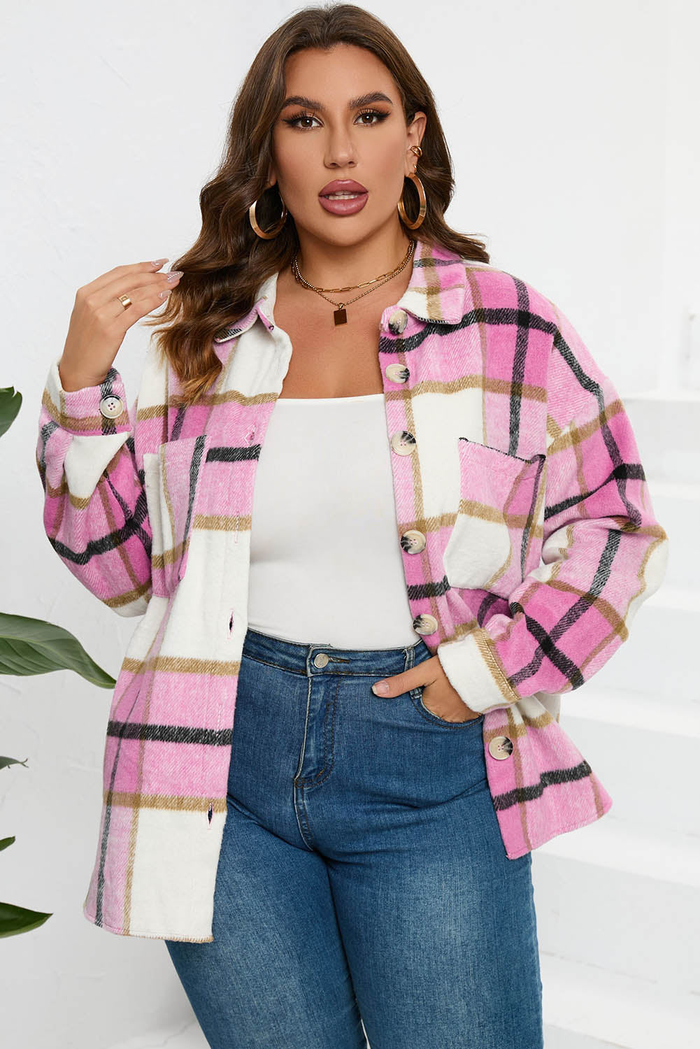 Pink Plaid Color Block Buttoned Long Sleeve Jacket with Pocket