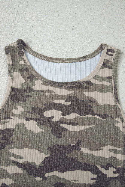 Gray Camouflage Print Ribbed Knit Round Neck Tank Top