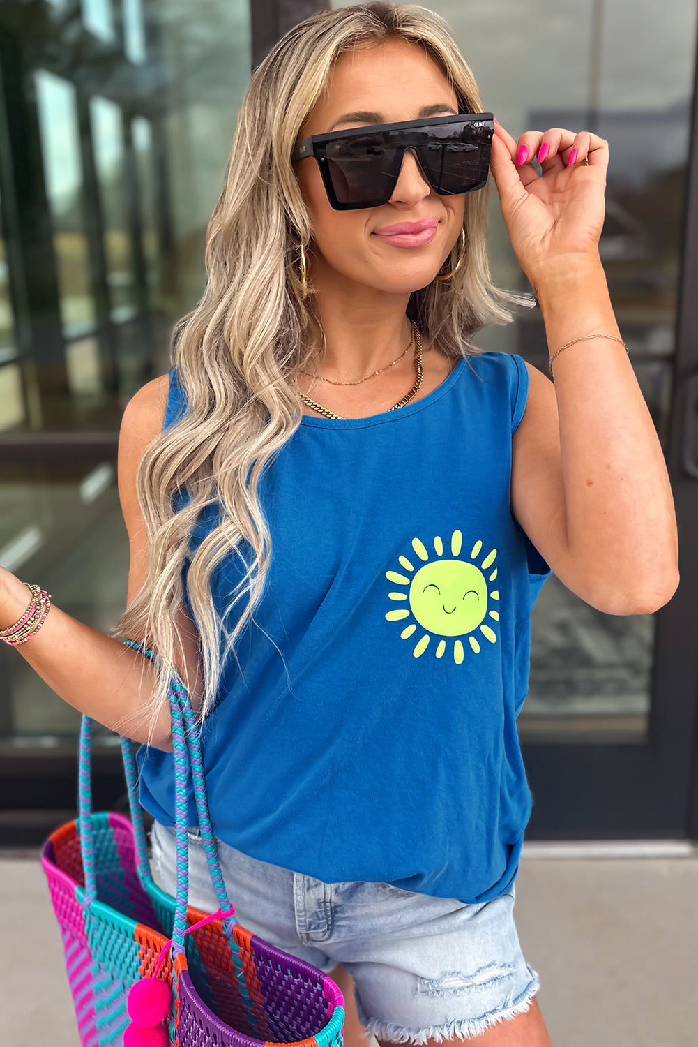 Blue Sun Graphic Casual Tank Top