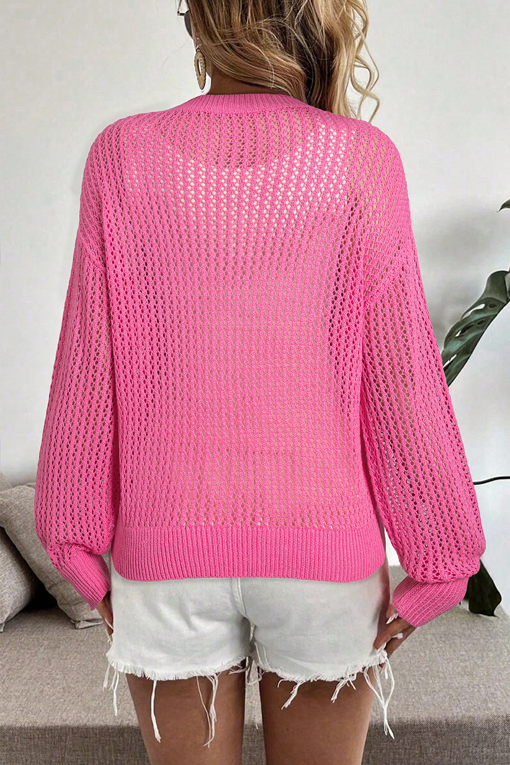 Sachet Pink Sweet Bow Decor Hollow Out Knitted Drop Shoulder Sweater