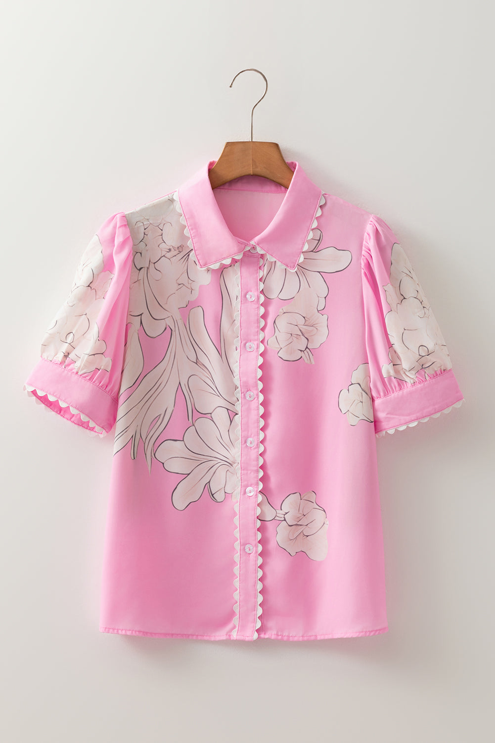 Rose Floral Ric Rac Edge Puff Sleeve Button Up Summer Shirt