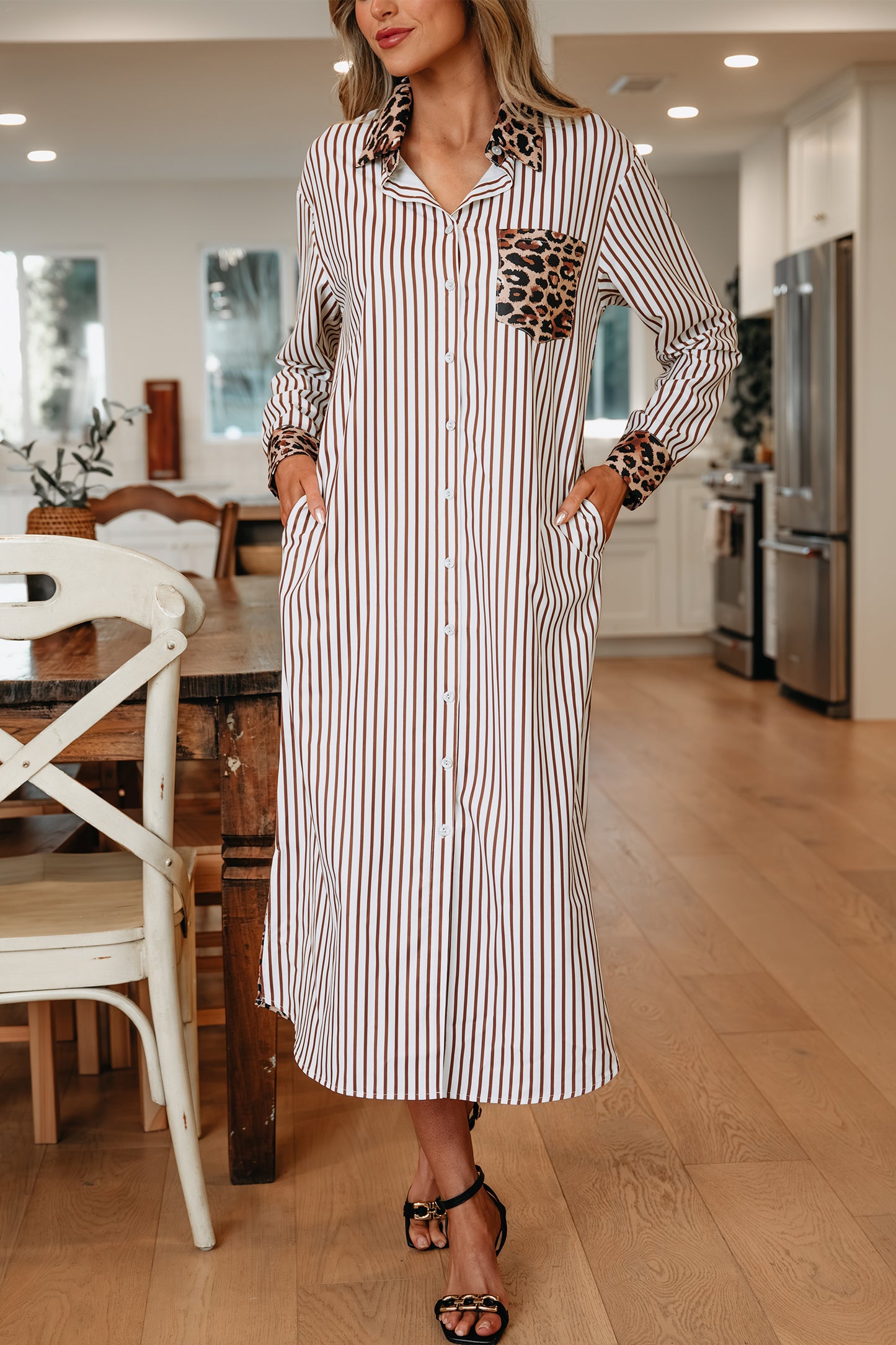Sky Blue Stripe Contrast Leopard Patchwork Long Shirt Dress with Slits