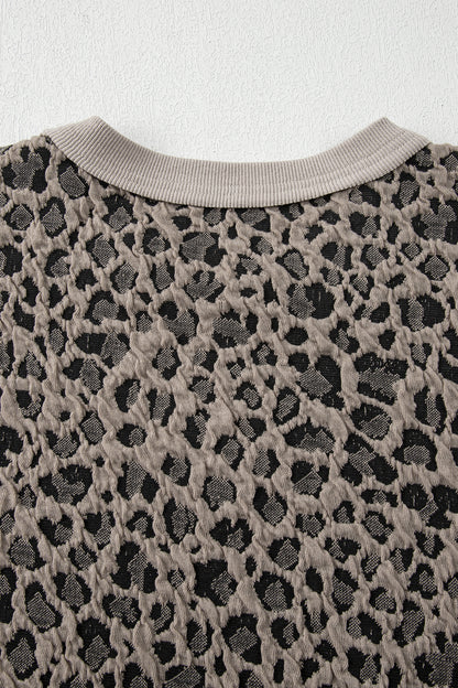 Khaki Jacquard Leopard Half Sleeve Jumper Wide Leg Pant Set