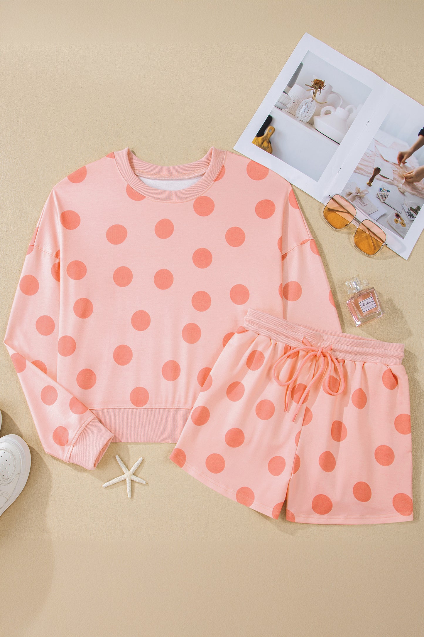 Beige Polka Dot Print Drop Shoulder Pullover Drawstring Shorts Set