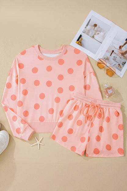 Beige Polka Dot Print Drop Shoulder Pullover Drawstring Shorts Set