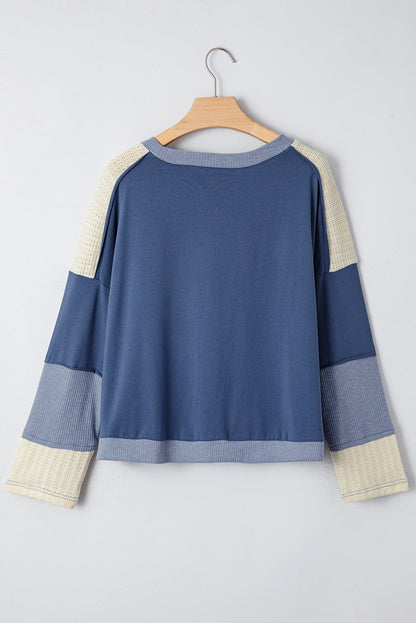 Dark Blue Contrast Knitted Colorblock Star Patchwork Oversize Long Sleeve Top