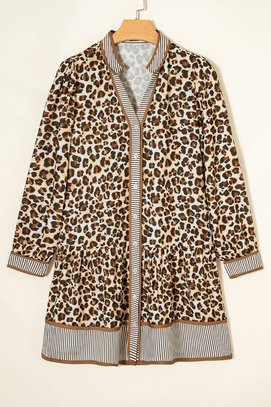 Brown Leopard Print Striped Patchwork 3/4 Sleeve Loose Mini Dress