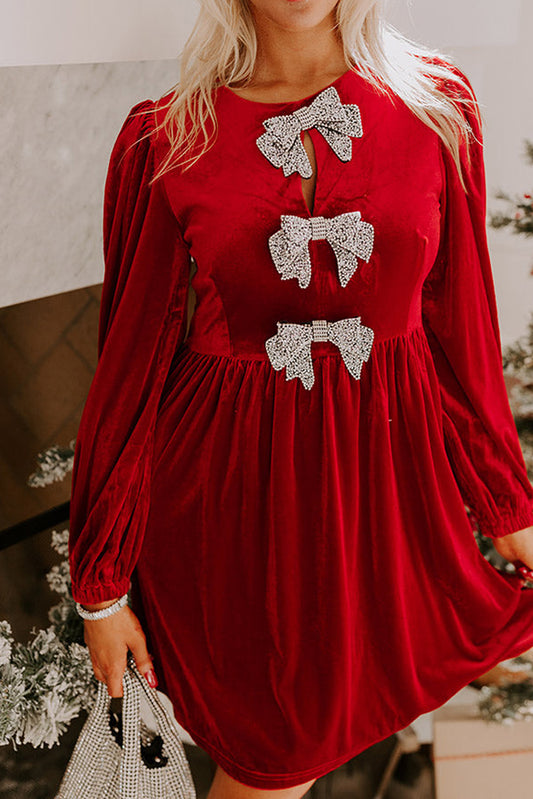 Fiery Red Bowknot Decor High Waist Velvet Mini Dress