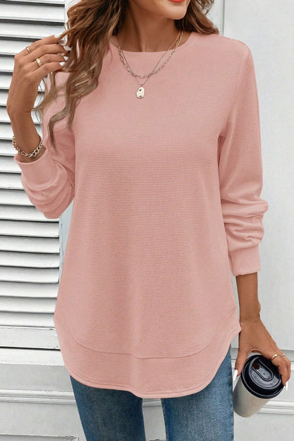 White Rounded Hem Waffle Long Sleeve Top