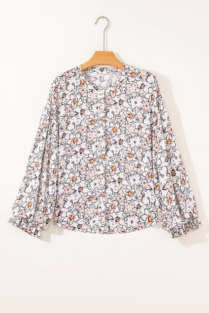 Khaki Bold Floral Print Frilled Puff Sleeve Button Down Shirt