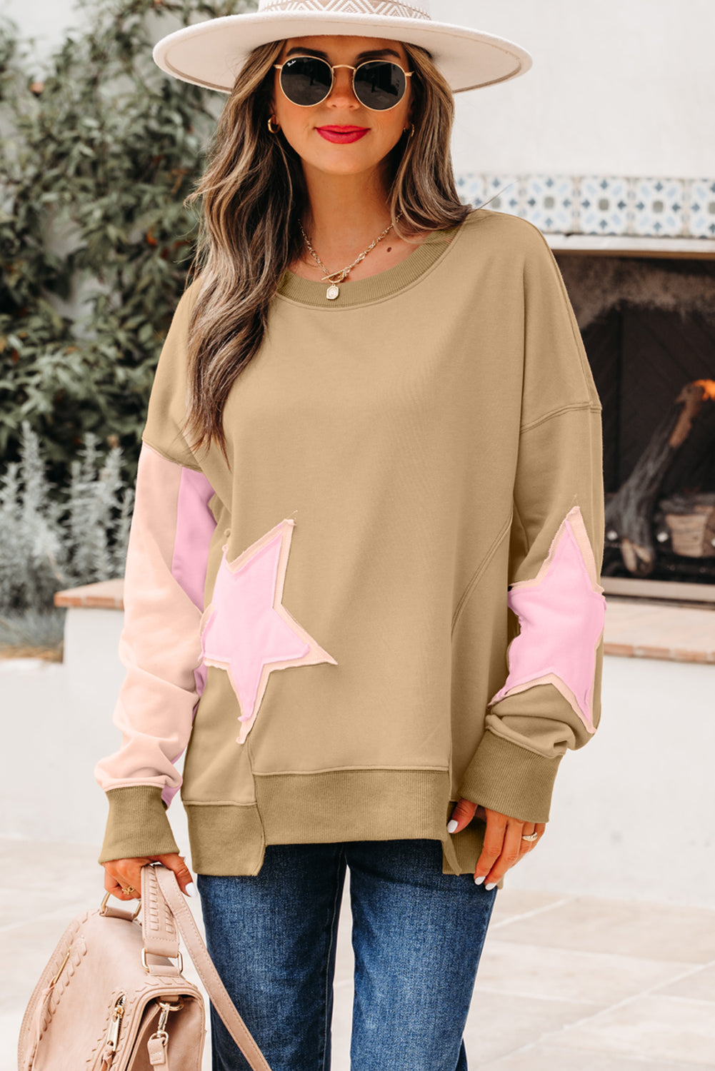 Sage Green Contrast Star Patchwork Exposed Seam Uneven Hem Drop Shoulder Sweatshirt