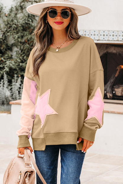 Sage Green Contrast Star Patchwork Exposed Seam Uneven Hem Drop Shoulder Sweatshirt