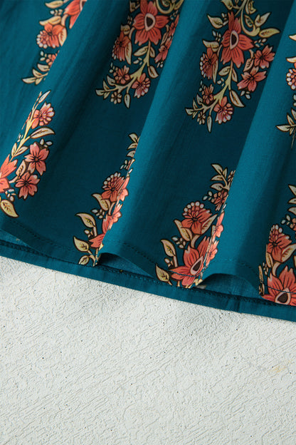 Green Plus Size Floral Print Contrast Lacy Trim Pleated Loose Shirt