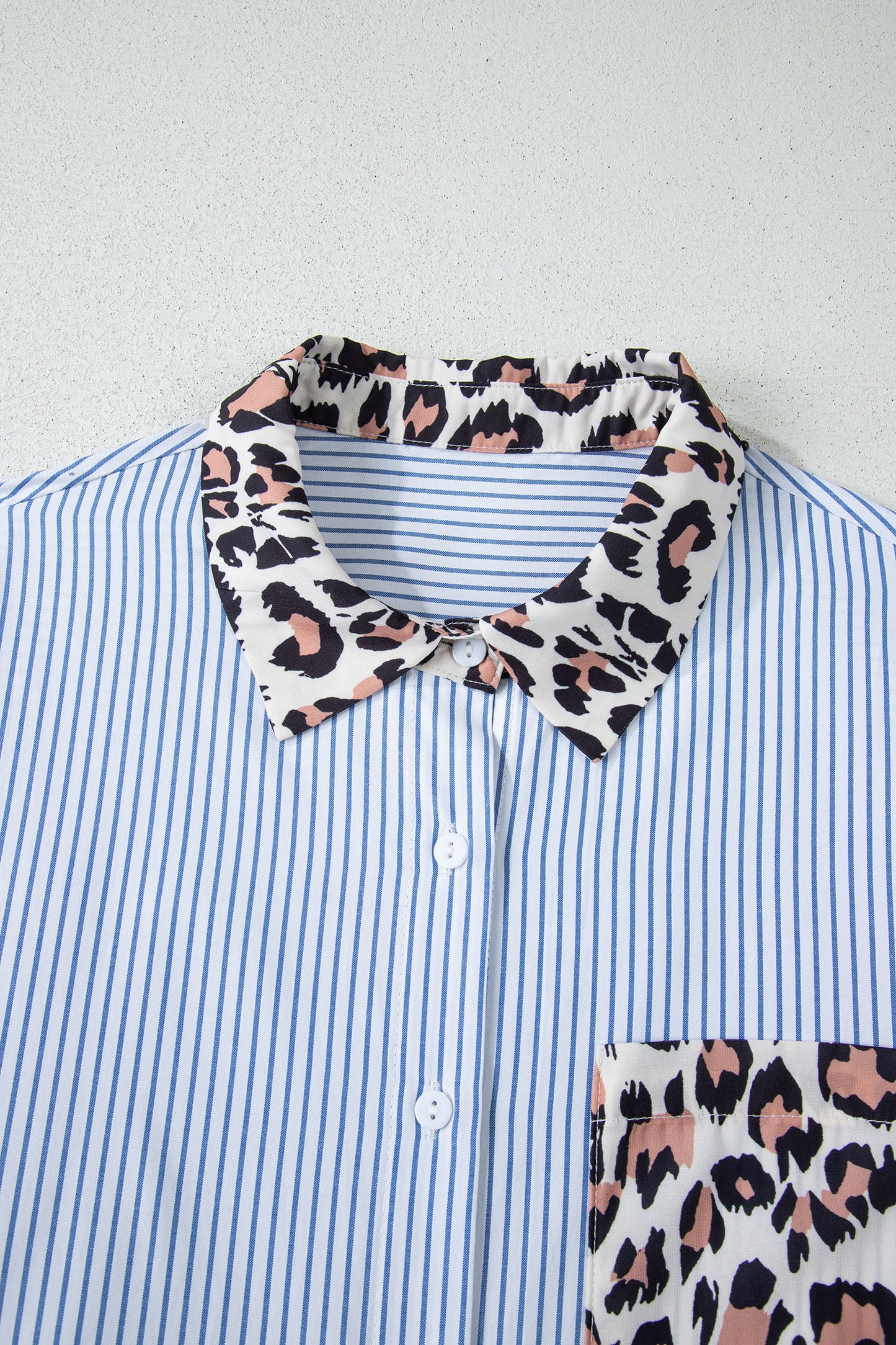 Sky Blue Stripe Colorblock Leopard Patchwork Chest Pocket Cuffed Sleeve Shirt
