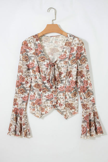 Red Floral Print Stitched Detail Tie V Neck Long Bell Sleeve Blouse