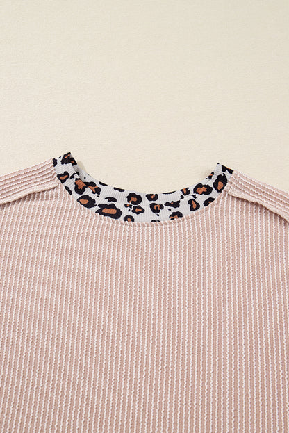 Beige Twist Ribbed Leopard Color Block Detail Drop Shoulder Long Sleeve Top