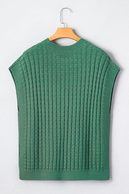 Mist Green Solid Color Round Neck Textured Short Sleeve Sweater