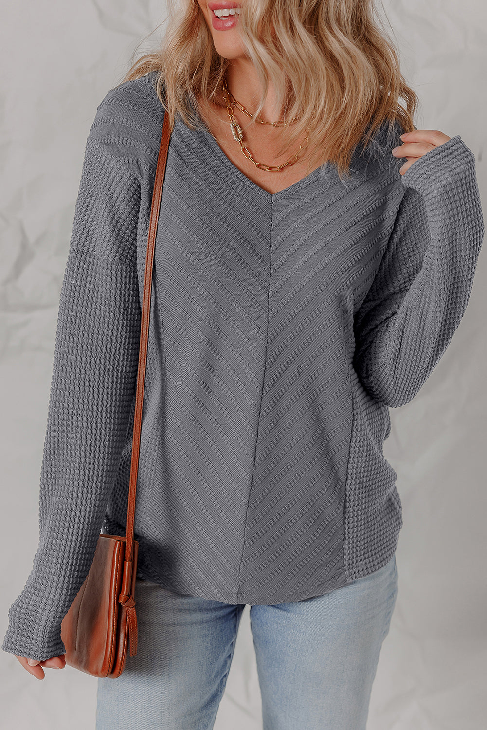 Sleet V Neck Chevron Texture Patchwork Long Sleeve Knit Top