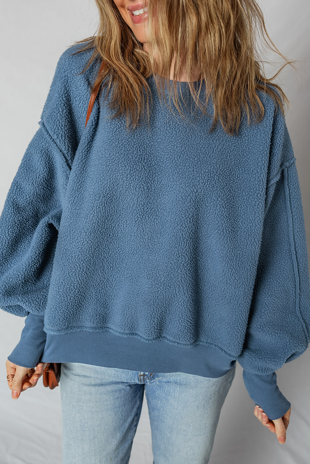 Sail Blue Fleece Drop Shoulder Exposed Seam Patchwork Casual Sweatshirt