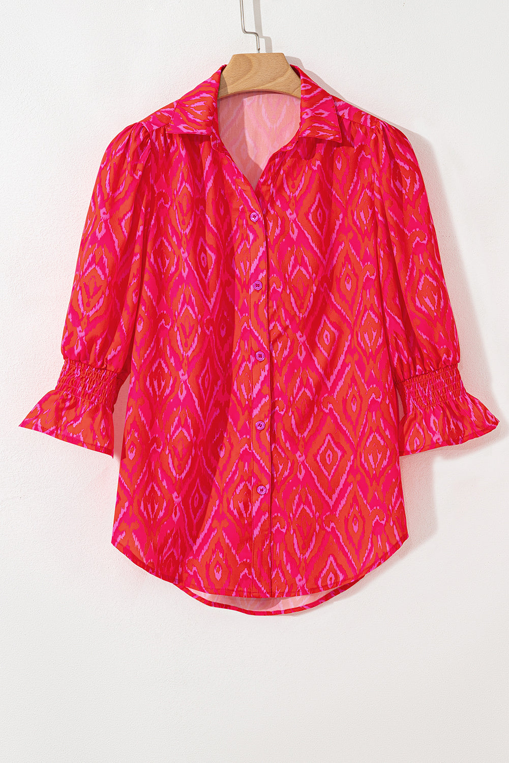 Strawberry Pink Western Aztec Geometric Ruffled 3/4 Sleeve Shirt