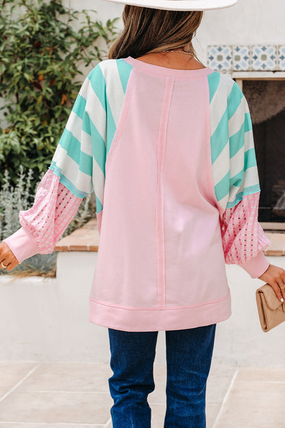 Bonbon Striped Colorblock Patchwork Raglan Pullover Top with Slits