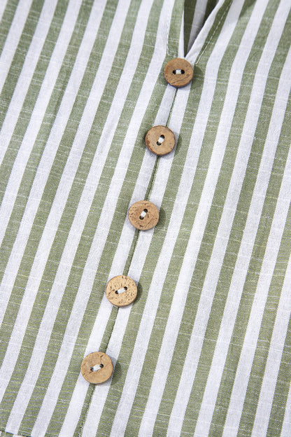 Green Stripe Tasseled Tie Neck Ruffled Short Sleeve Tiered Flattering Dress