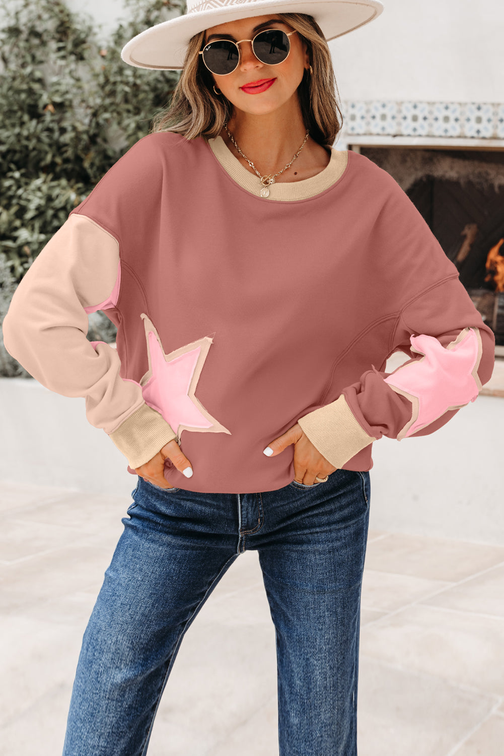 Rose Pink Contrast Star Patchwork Exposed Seam Uneven Hem Drop Shoulder Sweatshirt