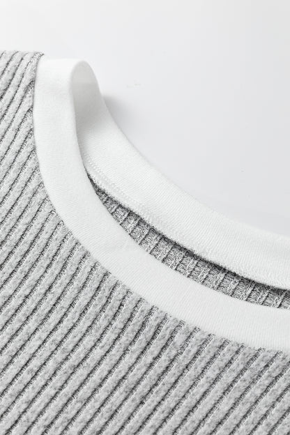 Gray Leopard Print Colorblock Patchwork Ribbed Knit Top