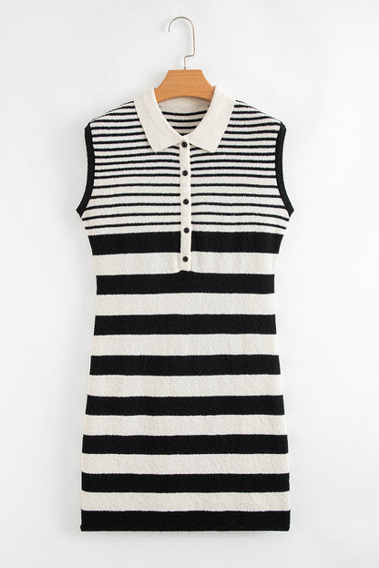 Black Mixed Striped Print Half Placket Collared Cap Sleeve Bodycon Sweater Dress