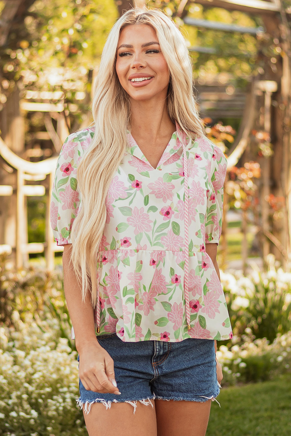 Pink Floral Print Drawstring V Neck Peplum Blouse