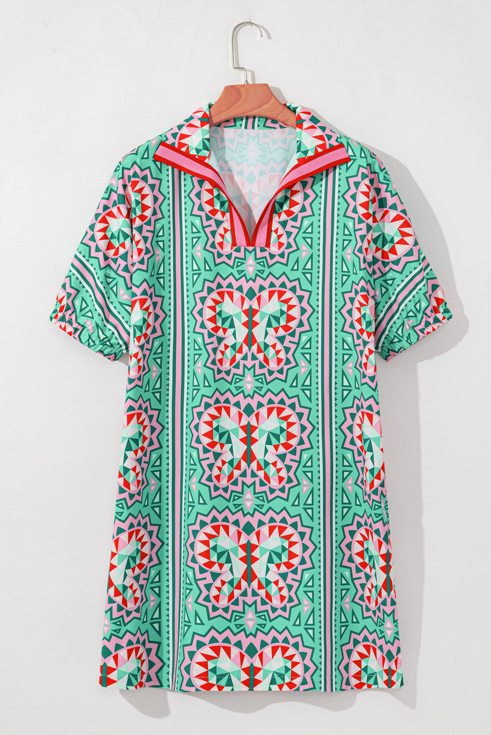 Mint Green Geometric Butterfly Print Split Neck Short Sleeve Dress