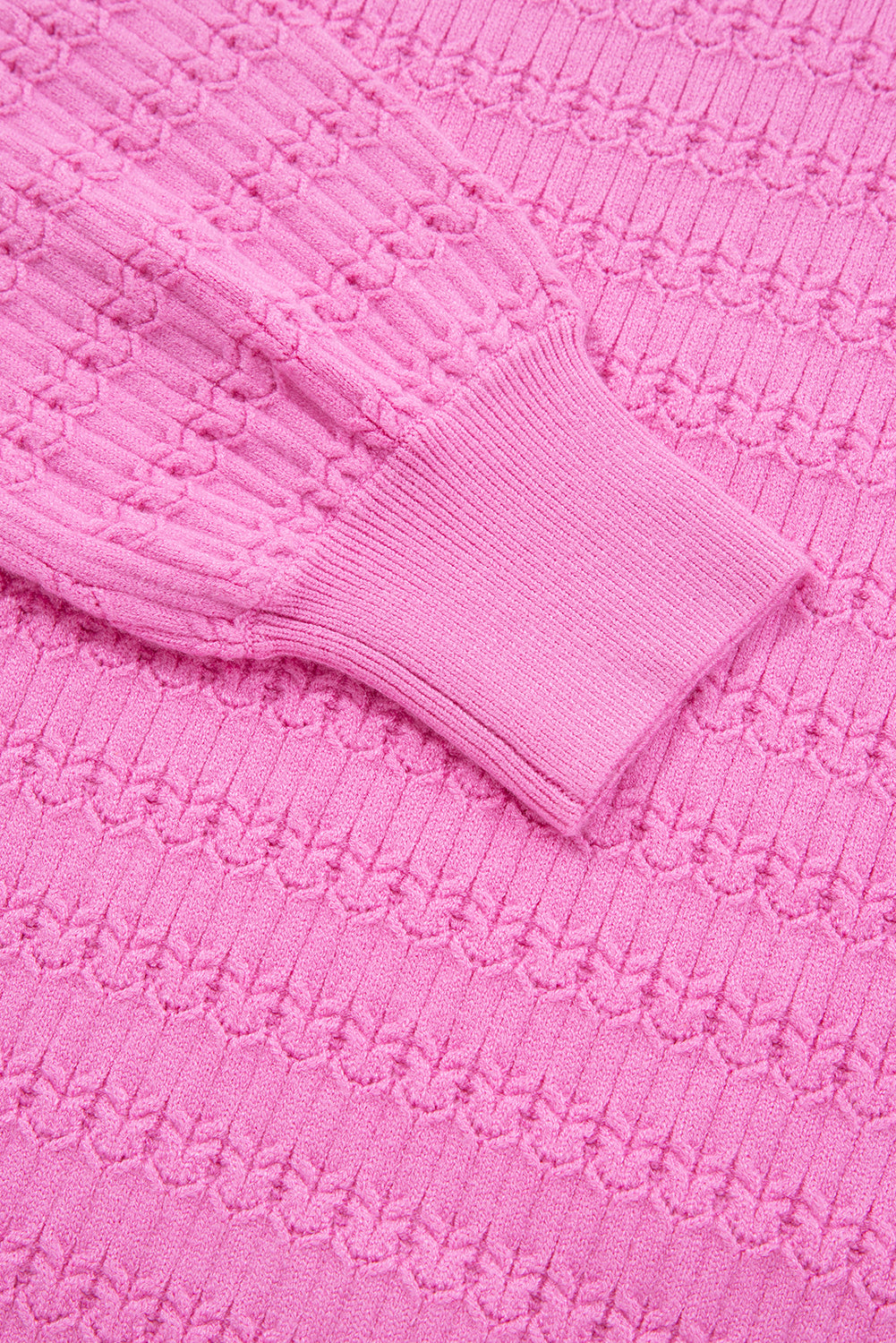 Bright Pink Trendy Pattern Knit Ribbed Cuffs Crew Neck Sweater