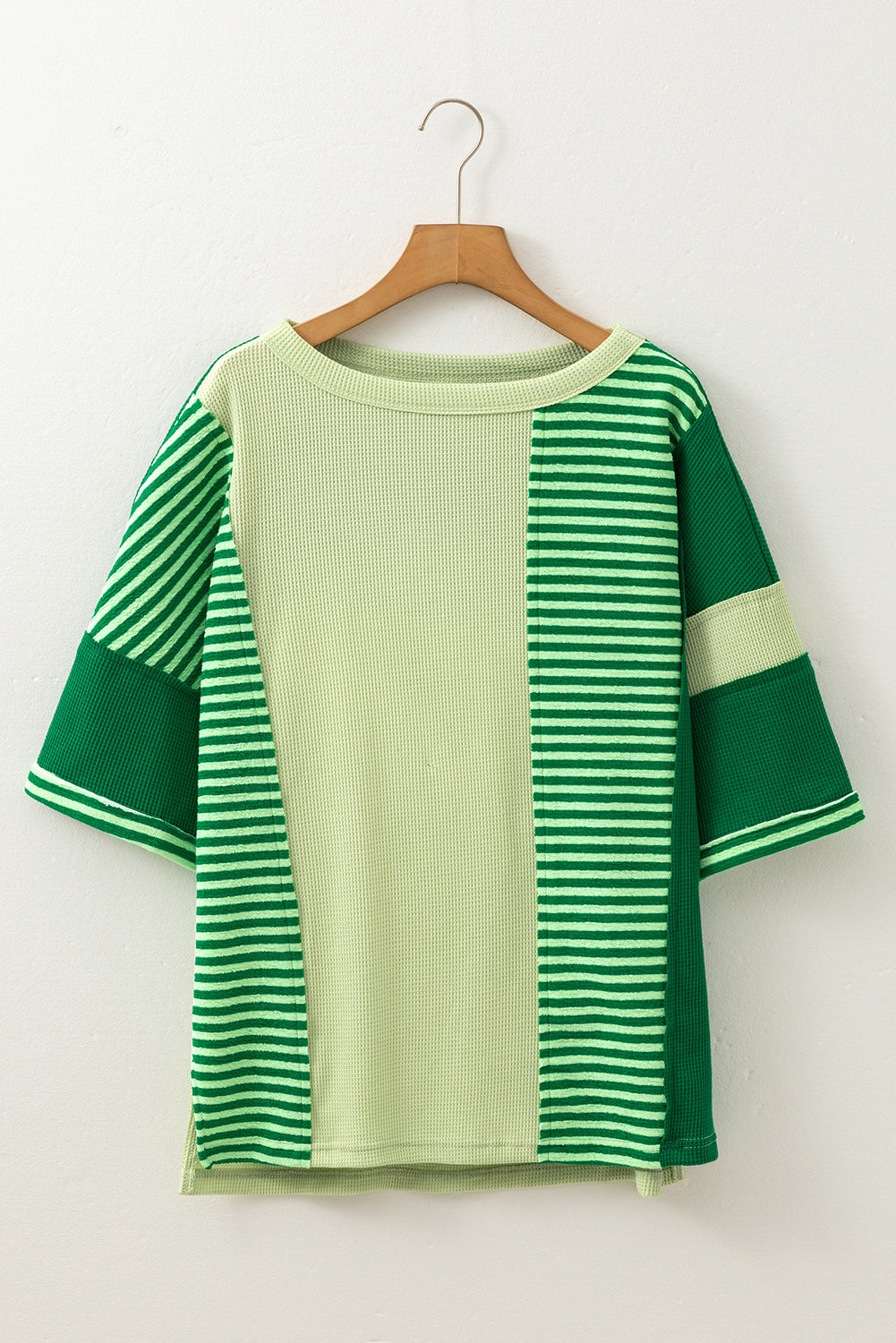Mint Green Striped Patchwork Textured Colorblock 3/4 Sleeve Knit Top