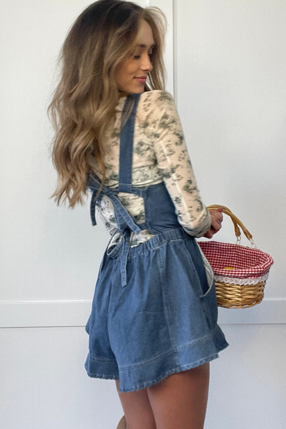 Sky Blue Buckle Straps Bib Style Tied Backless Flared Denim Overall