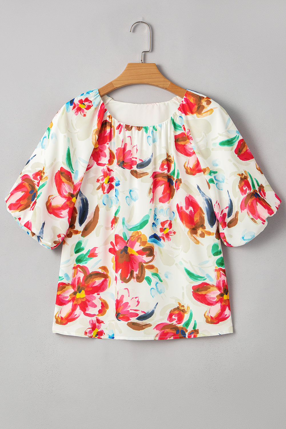 White Floral Print Puffy Half Sleeve Blouse